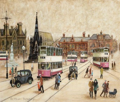 Lot 123 - Arthur Delaney (1927-1987)  Tram interchange  Signed, oil on board, 31.5cm by 37cm  See...