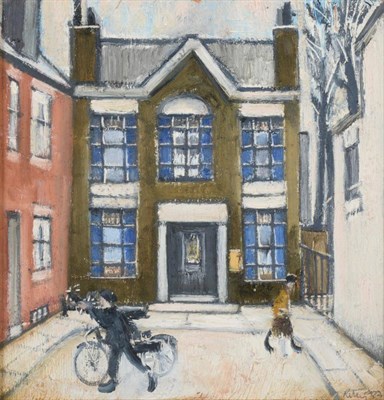 Lot 125 - Harold Riley (b.1934) Figure with bicycle before a house with blue windows Signed and...