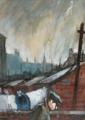 Lot 128 - Norman Stansfield Cornish (1919-2014)  "Miner in back streets " Signed, oil on paper, 37cm by...