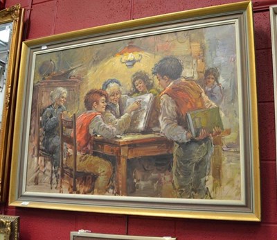 Lot 687 - Nino Salvadori (20th century) ";The Lesson";, Children and other figures in an interior,...