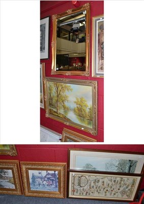 Lot 688 - A modern gilt framed mirror and six various modern framed pictures