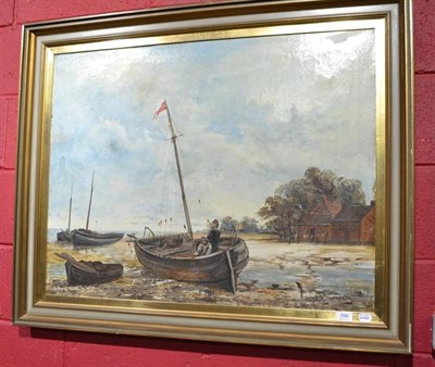 Lot 690 - Gustav Breanski (early 20th century), figures in a fishing vessel, signed, oil on canvas