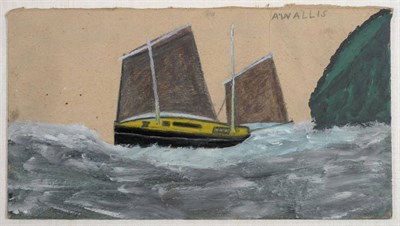 Lot 131 - Alfred Wallis (1855-1942)  Sailing Boat  Signed in pencil, mixed media, 18.5cm by 33.5cm...