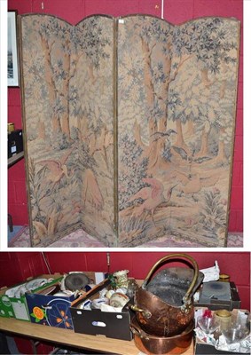 Lot 699 - Five boxes of ceramics, copper coal scuttle, copper pan, folding screen and a rug