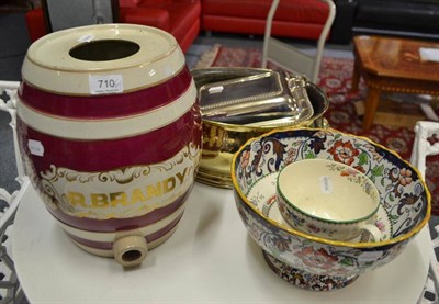 Lot 710 - Pottery brandy barrel, brass oval planter, plated tureens and sundry