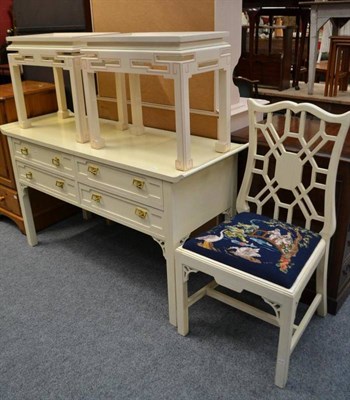 Lot 739 - A Chinese style chest of drawers, two side tables and a chair