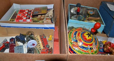 Lot 754 - Three boxes including ball in a cup, assorted tin plate playworn toys, spinning top, etc