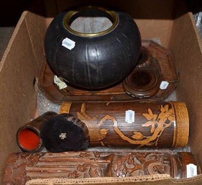 Lot 767 - Three Chinese bamboo spill vases, bronze vase, hardwood stands and an inlaid tray