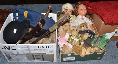 Lot 772 - Two composition jointed dolls, modern collectable Teddy bears, Steiff canvas bag, fur coat and hat