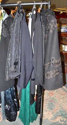 Lot 778 - Two Victorian black wool capes, black silk shirts/tops, gents dinner suit, green cocktail...