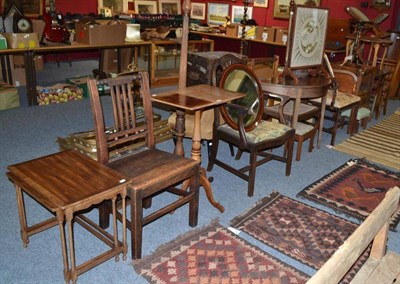 Lot 786 - Assorted household occasional furniture including two standard lamps, two carvers, pot...