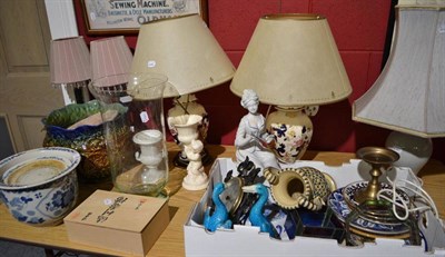 Lot 797 - Two Masons pottery vases, pair of mirrored table lamps, two ceiling lights, modern prints, wall...