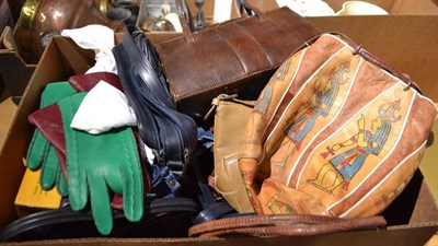 Lot 802 - A box of assorted handbags, gloves, cameras, etc