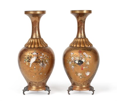 Lot 146 - A Pair of Japanese Lacquer and Shibayama Bottle Vases, Meiji period (1868-1912), the trumpet...