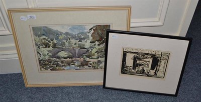 Lot 824 - Angus Rands, Landscape, signed, watercolour together with a print of interior scene after Fred...