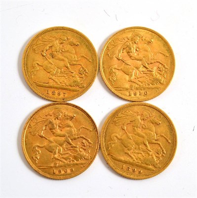 Lot 1 - Four half sovereigns: 1897, 1899, 1909, 1910