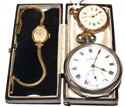 Lot 7 - A lady's 9ct gold wristwatch, fob watch stamped '9k' and a pocket watch stamped '925'