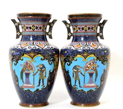 Lot 154 - A Pair of Japanese Cloisonné Enamel Vases, early 20th century, of baluster form an angular...