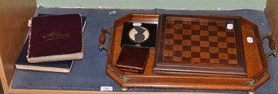 Lot 51 - A twin handled tray, autograph book, draught board, three studs stamped 9ct, etc