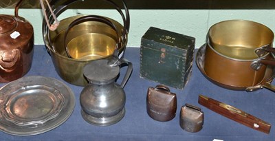 Lot 60 - Copper kettle, 18th century and later pewter, three jam pans, etc