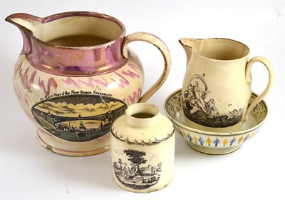 Lot 70 - A creamware jug with transfer decoration inscribed 'When this you see, remember me, Tho' many...