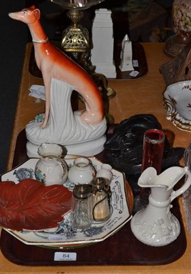 Lot 84 - Staffordshire greyhound, Victorian plate, silver spoons, pair of relief plaques, Belleek jug, etc