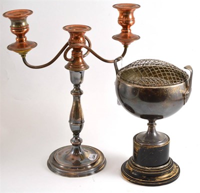 Lot 91 - A silver pedestal bowl on wooden base and a silver plated candelabra