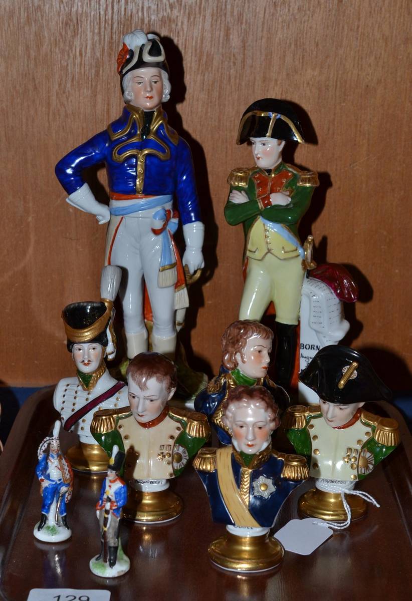 Lot 129 - Five Dresden porcelain busts 'Lannes', 'Eugene', 'Soult', Napoleon with and without hat, 19th...