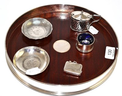 Lot 130 - Silver comprising a gallery tray, vesta vase, condiments and ash dishes