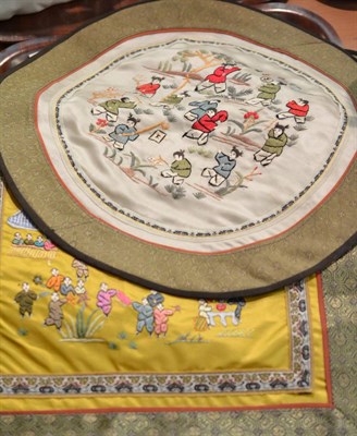 Lot 141 - Five Chinese silks and three prints, one unframed