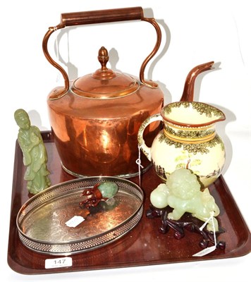 Lot 147 - A Chinese green hardstone lion and stand, egg on stand, plastic figure, copper kettle, Doulton jug