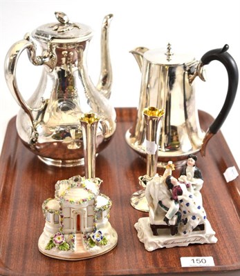 Lot 150 - Pair of silver small flower tubes, plated coffee pot and hot water jug, china fairings and a...