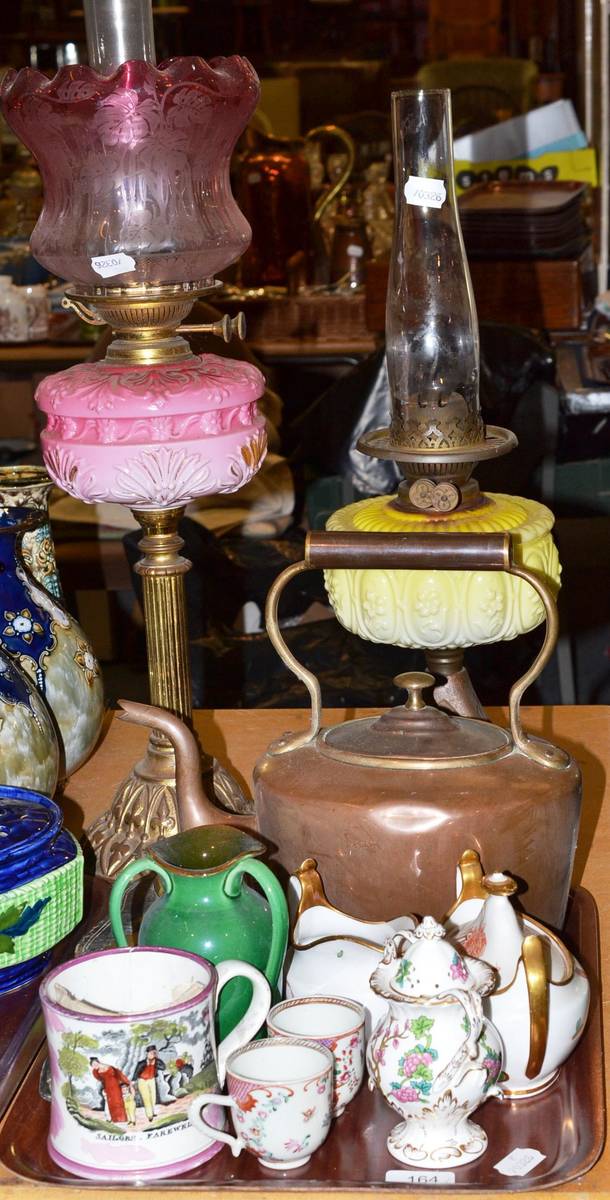 Lot 164 - Sunderland lustre mug, two 18th century coffee cups, Spode sugar basin, copper kettle, two oil...