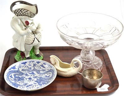 Lot 166 - Pearlware ";Snuff Taker"; character jug, Chinese dragon dish (a.f.), a glass comport and a...