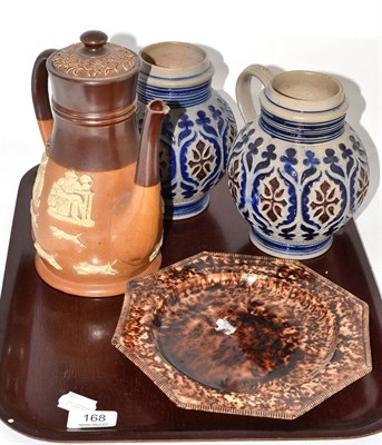 Lot 168 - 18th century Wheldon type plate, a pair of Westenwald jugs and a Doulton coffee pot