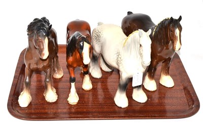 Lot 170 - Beswick Shire Horses comprising: 'Shire Mare', model No. 818, grey gloss; another, brown gloss;...