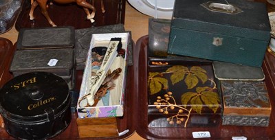 Lot 172 - Two trays of collectables including fans, pewter mounted boxes tins, etc