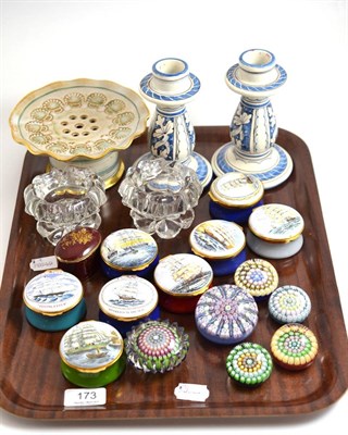 Lot 173 - Assorted modern Crummels hinged enamel boxes and cover, Perthshire and other paperweights, pair...