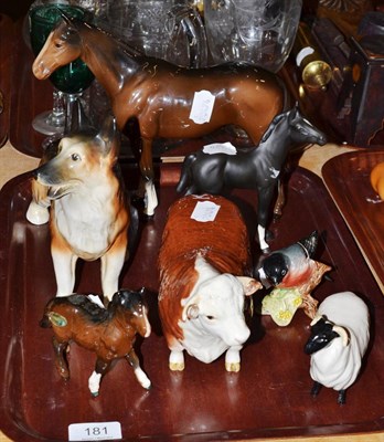 Lot 181 - Three Beswick horses, Beswick bull, bird, and ram and a Melba ware dog (7)