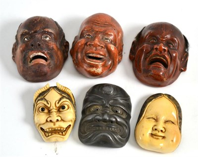 Lot 204 - Six assorted Japanese Noh masks including two ivory examples, both signed, circa 1920