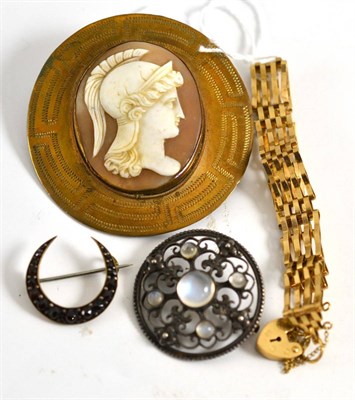 Lot 217 - A 9ct gold gate bracelet, a cameo brooch, a moonstone brooch and a crescent brooch