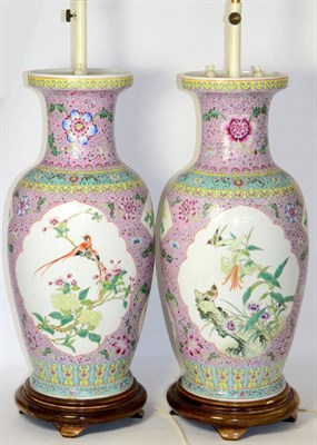 Lot 182 - A Pair of Chinese Porcelain Vases, painted in famille rose enamels with birds and flowers in panels