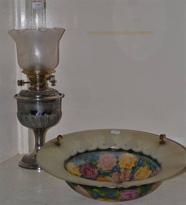 Lot 237 - A Victorian plated oil lamp by Walker & Hall and a 1920s hand painted ceiling light shade