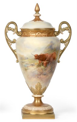 Lot 184 - A Royal Worcester Porcelain Vase and Cover, painted by John Stinton, 1911, of baluster form...