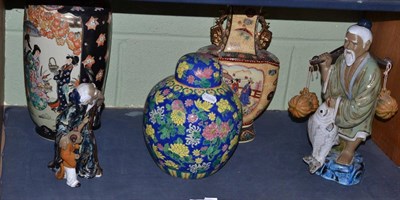 Lot 245 - A Chinese moon flask, a vase, two figures, a ginger jar and another vase