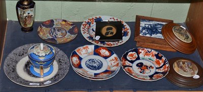 Lot 246 - A Satsuma vase, two pot lids, four Imari plates, an Ironstone soup plate, two tiles, a Mayer plate