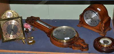 Lot 247 - Two aneroid barometers, chiming mantel clock and a modern timepiece