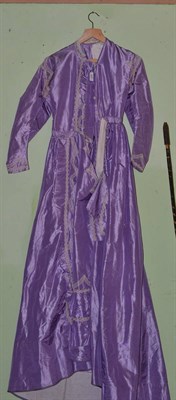 Lot 248 - Circa 1860's lilac striped silk dress with long sleeves, cream lace trims, train to reverse, cotton