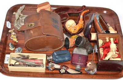 Lot 252 - A quantity including pipes, hip flasks, Wade, Masonic items, bone chess set, etc