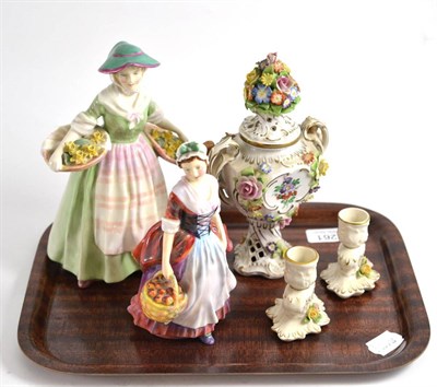 Lot 261 - Two Royal Doulton figures ";Daffy-Down Dilly"; HN1712 and ";Prue"; HN1996, Dresden vase and...